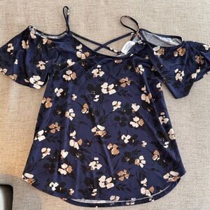 Kaileigh Navy Floral Blouse with Tan Accents